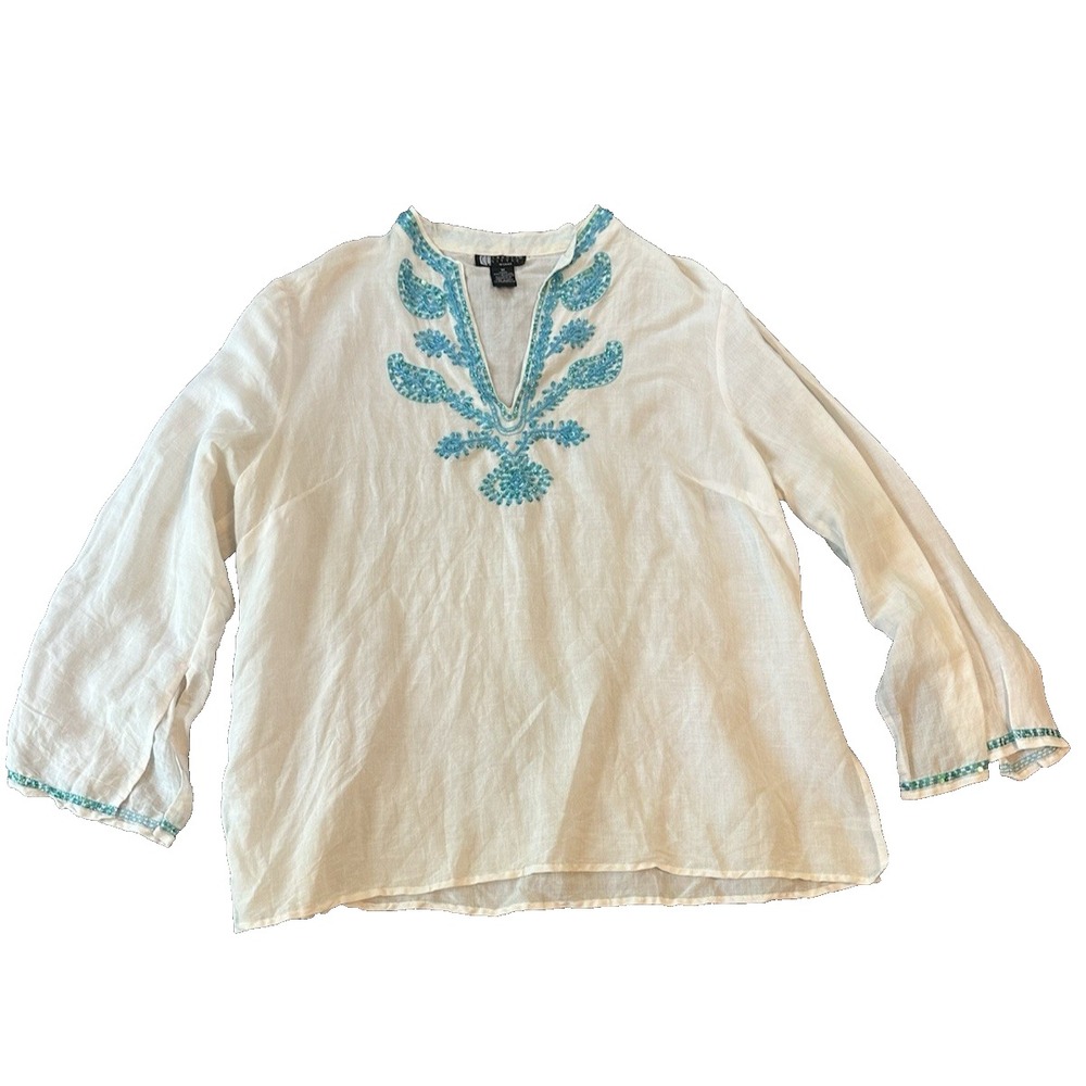 Linen Blend Turquoise Beaded Carole Little Ivory Tunic Top 1X Boho Resort Artsy